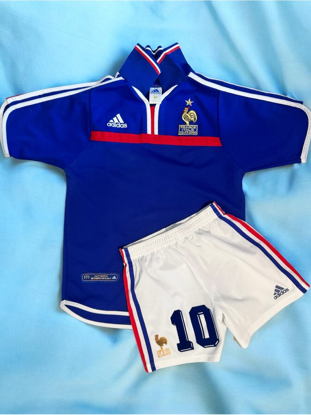 adidas Blue and White Kids Soccer Jersey and Shorts Set